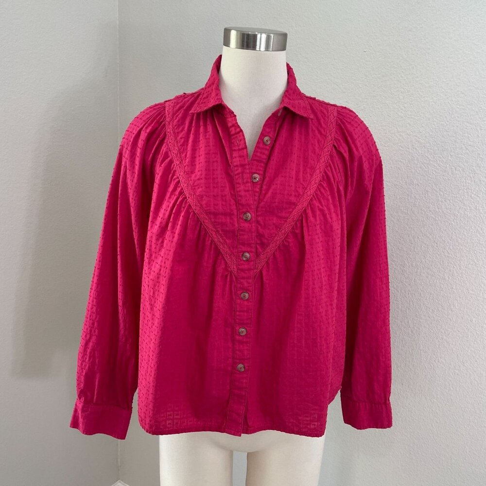 Pilcro Womens Small‎ Lace Back Cotton Button Up Shirt in Pink Long Sleeve Top